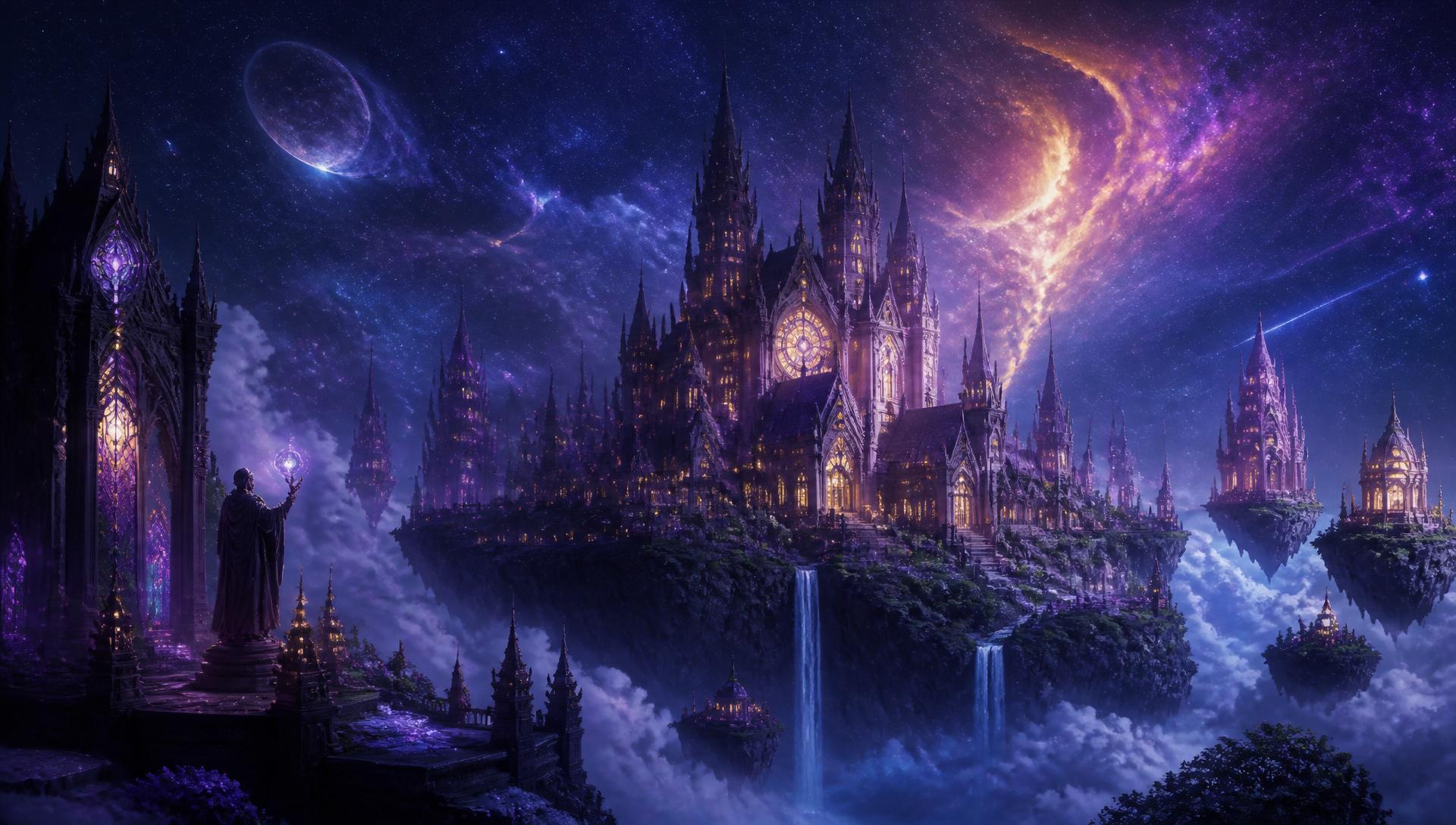 L'académie d'Aetheria flottant dans un ciel nocturne